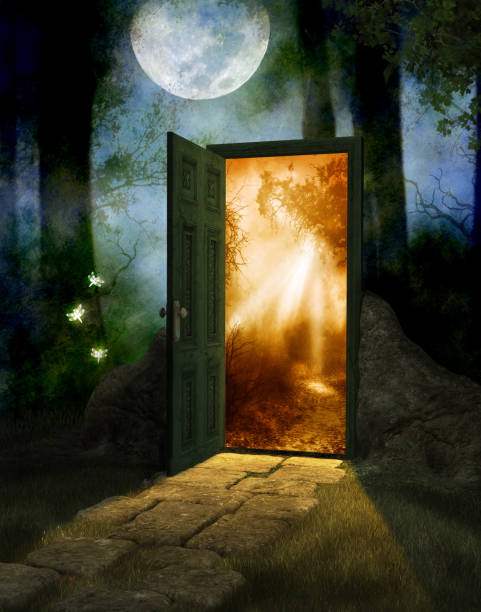 Magical Fairy Wood with Door to New World Magical fairy wood at night and full moon with a door into a new world, 3d render hiding place stock pictures, royalty-free photos & images