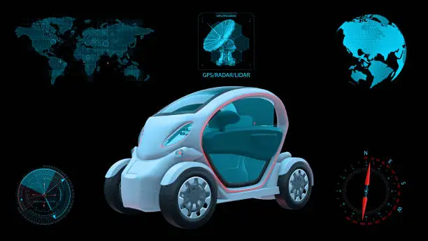 Photo of Autonomous vehicle, electric driverless car on black background with infographic data, 3D render