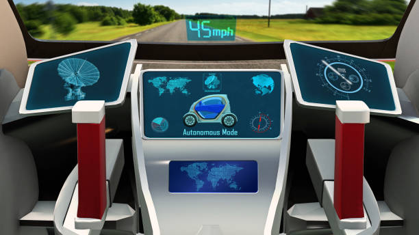 istock Autonomous vehicle, electric driverless car with infographic data driving on the road, inside view, 3D render 1005662362
