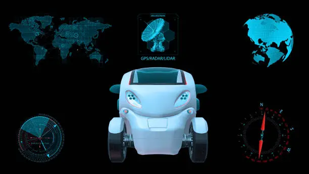 Photo of Autonomous vehicle, electric driverless car on black background with infographic data, front view, 3D render