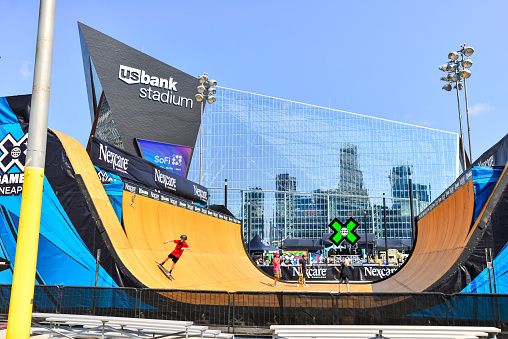 Minneapolis, MN, USA - July 22, 2018. The X-Games Extreme Sports Event at US Bank Stadium in Downtown Minneapolis, Minnesota. Photos taken from outside the event in public space.