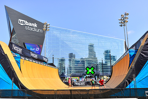 Minneapolis, MN, USA - July 22, 2018. The X-Games Extreme Sports Event at US Bank Stadium in Downtown Minneapolis, Minnesota. Photos taken from outside the event in public space.