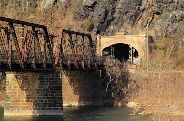 A truss bridge crosses the Potomac River and connects the historic town of Harpers Ferry, West Virginia, to Maryland Heights in the state of Maryland, Harpers Ferry National Historical Park
