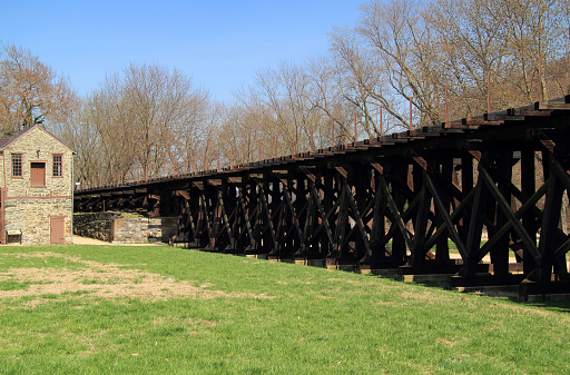 The Winchester and Potomac Railroad, of which the trestle passing through Harpers Ferry is pictured here, is an important form of rail transportation in the Appalachian Mountains region