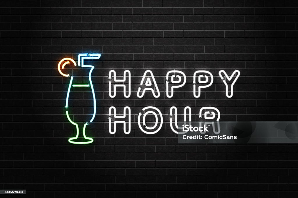 Vector realistic isolated neon sign of Happy Hour logo with cocktail for decoration and covering on the wall background. Concept of night club, free drinks, bar counter and restaurant. Happy Hour stock vector