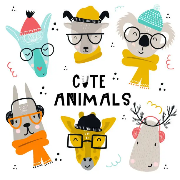 Vector illustration of Collection of cute kids cartoon animals with clothes and accessories. Set of wild characters in scandinavian style.