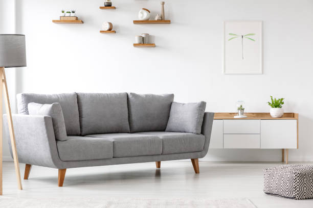 istock Simple, gray sofa standing next to a white cupboard in living room interior with decorations on wooden shelves. Real photo 1005715746