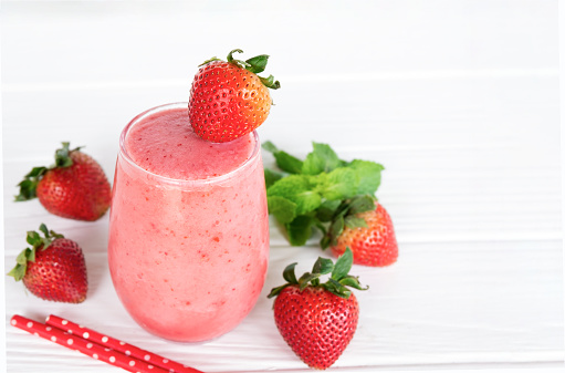 Strawberry smoothies colorful fruit juice beverage healthy the taste yummy in glass drink episode morning on white background.