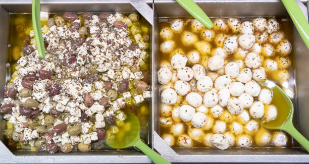 istock feta cheese and olives salad and mozzarella salad 1005736382