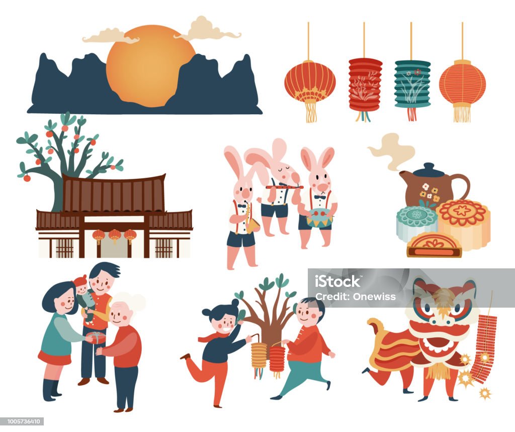 mid-autumn festival elements Mid-autumn festival celebration elements with bunny, full moon, moon cake, Chinese lantern, family reunion, and lion dance, isolated on white background, illustration, vector Moon Cake stock vector