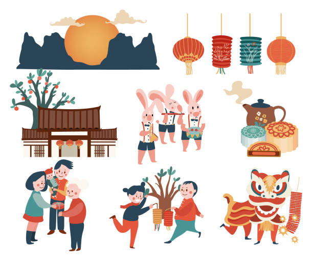 mid-autumn festival elements Mid-autumn festival celebration elements with bunny, full moon, moon cake, Chinese lantern, family reunion, and lion dance, isolated on white background, illustration, vector family reunion stock illustrations