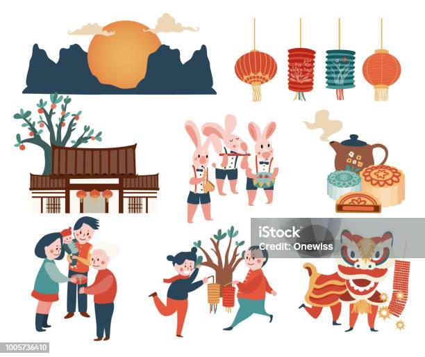 Midautumn Festival Elements Stock Illustration - Download Image Now - Moon Cake, Family Reunion, Banquet