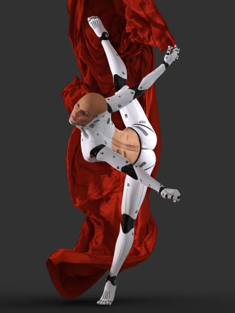 istock Woman cyborg dancing with a red cloth 3d illustration 1005753676