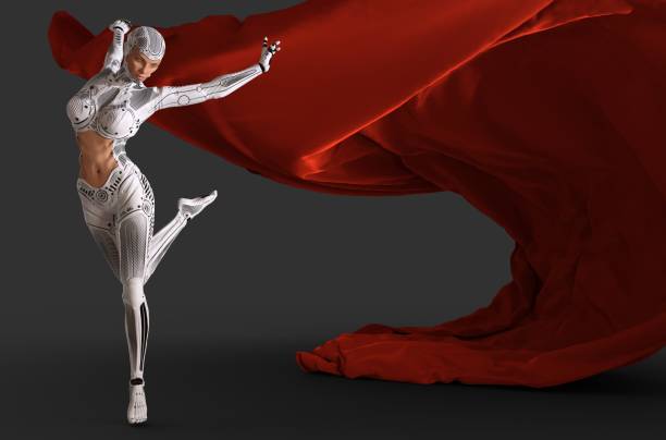 istock Woman cyborg dancing with a red cloth 3d illustration 1005753710