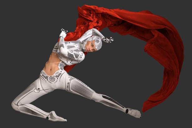 istock Woman cyborg dancing with a red cloth 3d illustration 1005753726
