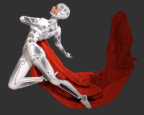 istock Woman cyborg dancing with a red cloth 3d illustration 1005753728