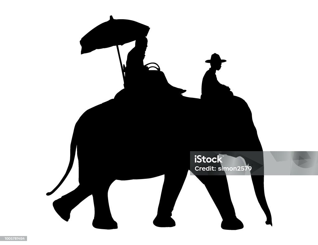 Tourists riding on an Asian elephant Vector illustration of black silhouette elephant trekking traveler riding on an Asian elephant. Amusement Park Ride stock vector