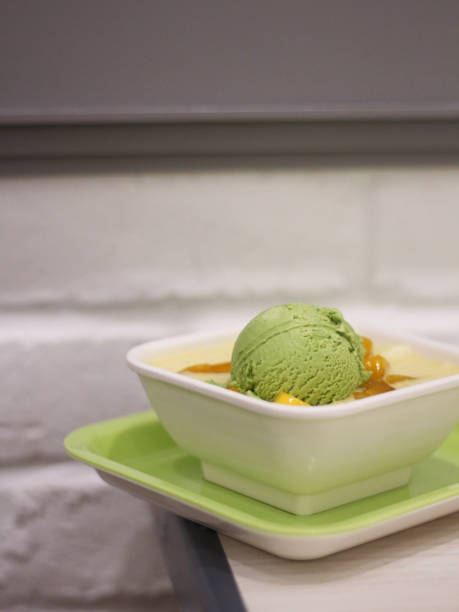 Scoop of Green Tea Ice Cream with Pudding, Matcha Ice Cream with Pudding, Asian Dessert, Chinese Dessert, Singapore Dessert