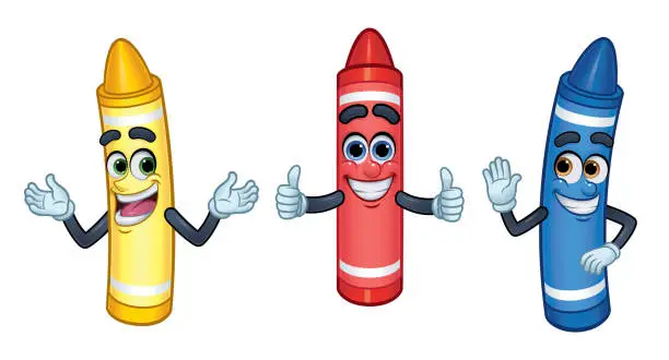 Vector illustration of 3 Cartoon Character Crayons: Red, Yellow, and Blue_Vector Illustration EPS 10
