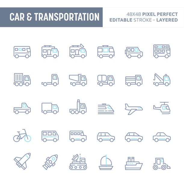 Car & Transportation Minimal Vector Icon Set (EPS 10) Car & transportation - simple outline icon set. Editable strokes and Layered (each icon is on its own layer with proper name) to enhance your design workflow. boat trailer stock illustrations