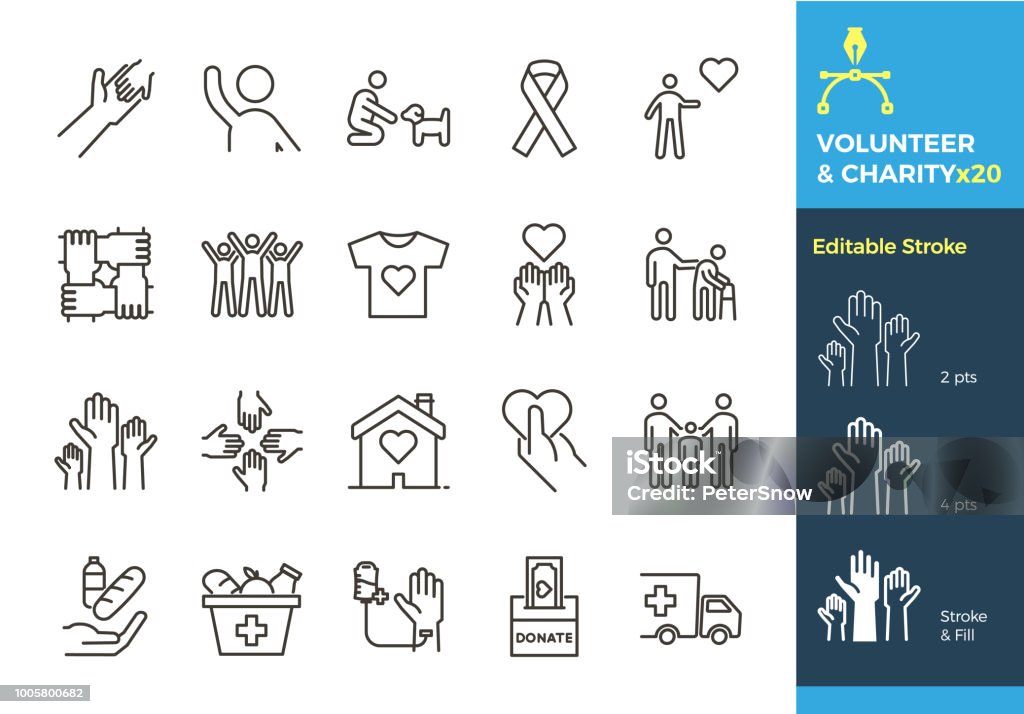 Los iconos de línea fina de vectores relacionan con causas humanitarias - voluntariado, donaciones, caridad, adopción, organizaciones sin fines de lucro. El trazo es editable a diferentes tamaños y fácilmente cambiante en plano. - arte vectorial de Ícono libre de derechos