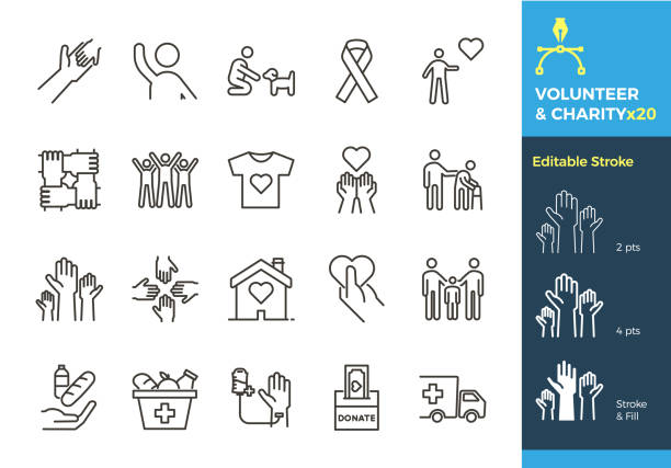 illustrations, cliparts, dessins animés et icônes de icônes de fine ligne vectorielles en relation avec des causes humanitaires - bénévolat, adoption, dons, organisme de bienfaisance, organismes sans but lucratif. la course est modifiable de différentes tailles et facilement changé en plat. - behavior sharing people symbol