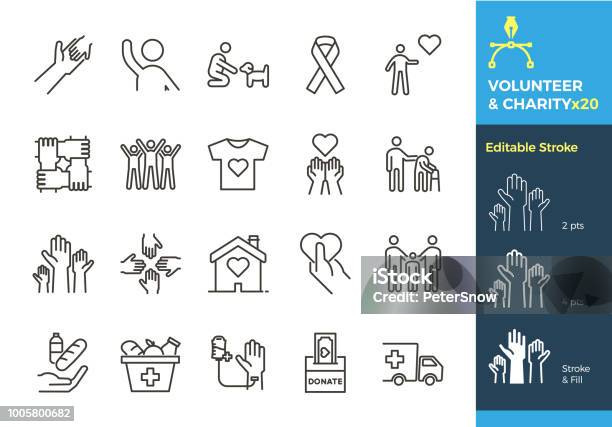 Icônes De Fine Ligne Vectorielles En Relation Avec Des Causes Humanitaires Bénévolat Adoption Dons Organisme De Bienfaisance Organismes Sans But Lucratif La Course Est Modifiable De Différentes Tailles Et Facilement Changé En Plat Vecteurs libres de droits et plus d'images vectorielles de Icône