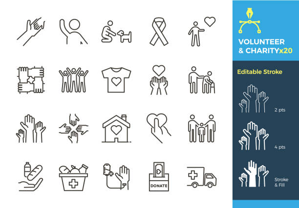 Vector thin line icons related with humanitarian causes - volunteering, adoption, donations, charity, non-profit organizations. The stroke is editable to different sizes and easily changed into flat. vector eps10 social services stock illustrations