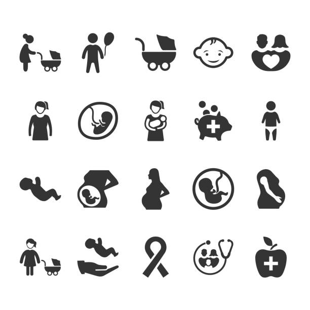 ilustraciones, imágenes clip art, dibujos animados e iconos de stock de madre y bebé iconos salud - versión gris - pediatra