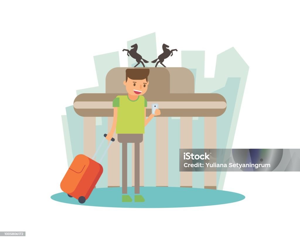 traveling vacation in the Brandenburg Gate cartoon character vacation, travel, holiday, Brandenburg Gate Adult stock vector