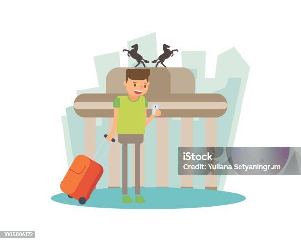Traveling Vacation In The Brandenburg Gate Cartoon Character Stock Illustration - Download Image Now