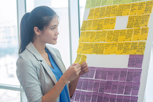 young and smart Chinese female entrepreneur reading the post-it notes from a board, gathering shared idea for her business