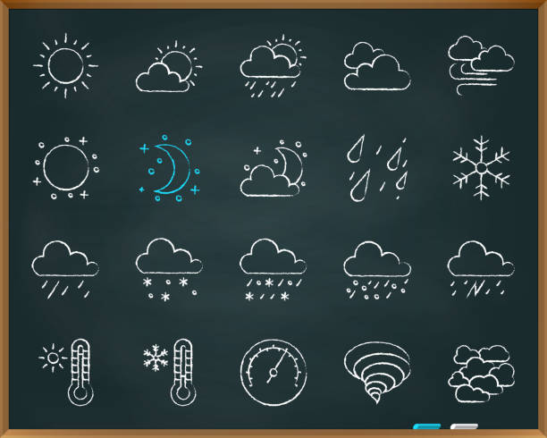 ilustrações, clipart, desenhos animados e ícones de conjunto de vetores de ícones de linha do tempo giz sorteio - weather symbol sun meteorology