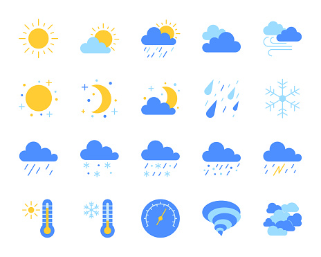 Weather flat icons set. Web sign kit of meteorology. Climate pictogram collection includes sun, tornado, fog. Simple weather cartoon colorful icon symbol isolated on white. Vector Illustration