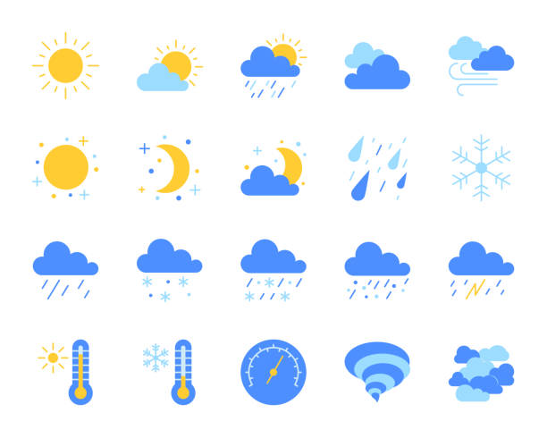 Weather simple flat color icons vector set Weather flat icons set. Web sign kit of meteorology. Climate pictogram collection includes sun, tornado, fog. Simple weather cartoon colorful icon symbol isolated on white. Vector Illustration rain symbols stock illustrations
