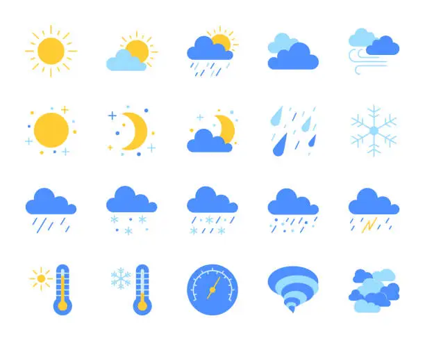 Vector illustration of Weather simple flat color icons vector set