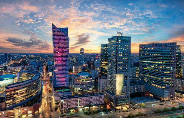 istock Warsaw city with modern skyscraper at sunset-Panorama 1005821606