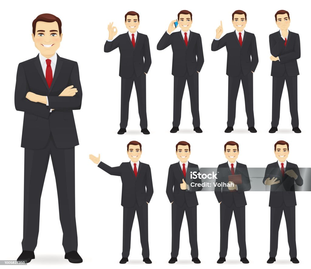 Business man set Business man set different gestures isolated vector illustration Suit stock vector