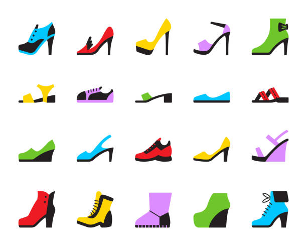 ilustrações, clipart, desenhos animados e ícones de ícones de cor plana simples sapatos vector conjunto - mule