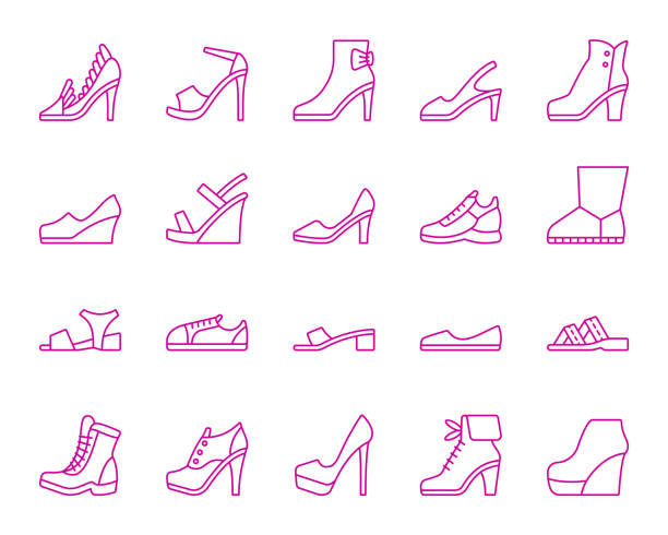 ilustraciones, imágenes clip art, dibujos animados e iconos de stock de zapatos línea ultravioleta simple iconos conjunto de vectores - mule