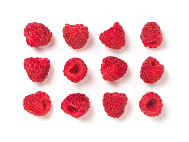 raspberries pattern isolated, creative layout View from above of ripe red raspberry on white background. Organic raspberries creative layout pattern, isolated on white with clipping path. Top view or flat lay. Vegan food concept raspberry stock pictures, royalty-free photos & images
