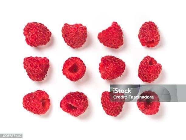 Raspberries Pattern Isolated Creative Layout Stock Photo - Download Image Now - Raspberry, Directly Above, On Top Of