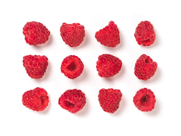 raspberries pattern isolated, creative layout - raspberry imagens e fotografias de stock