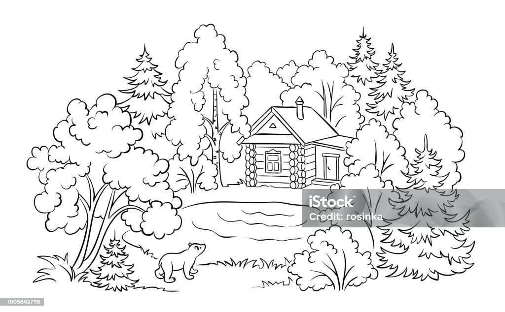 Forest house near a lake - coloring book illustration Small log house in forest near a lake and bear cub looking at house - coloring book illustration Coloring Book Page - Illlustration Technique stock vector