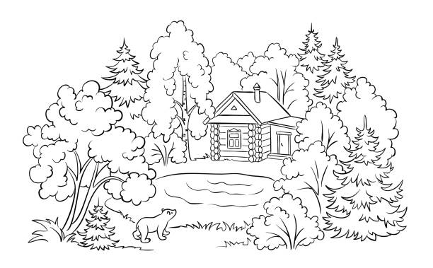 Forest house near a lake - coloring book illustration Small log house in forest near a lake and bear cub looking at house - coloring book illustration pond illustrations stock illustrations