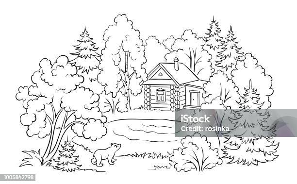 Forest House Near A Lake Coloring Book Illustration Stock Illustration - Download Image Now