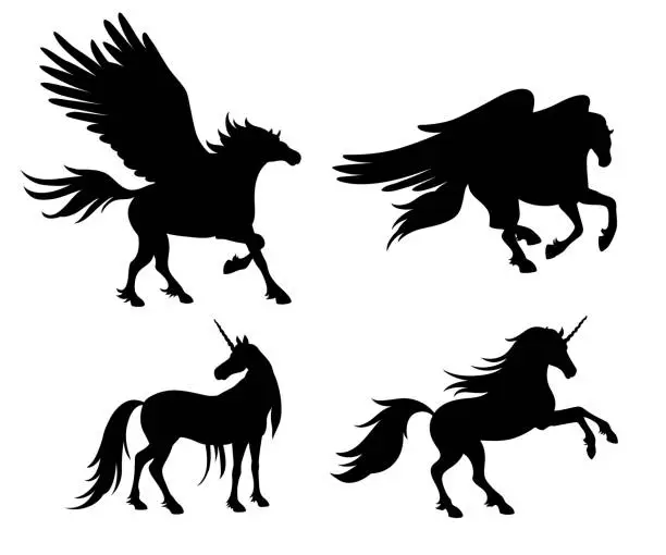 Vector illustration of Silhouettes of mythical horses - vector illustration