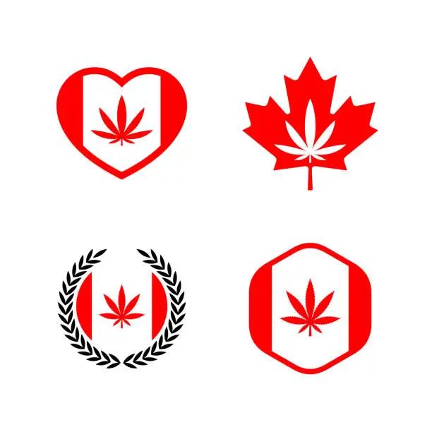 Vector illustration of Canadian flag with cannabis leaf. Canada weed legalization