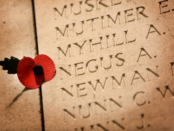 Names of missing Australian soldiers that died in Flanders during The Great War that were never found.The memorial is in Ypres, Belgium. This is a close up with a plastic poppy symbol wedged inbetween the gap of the two plaques.