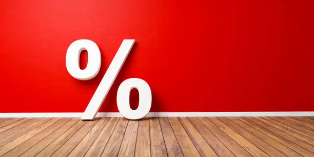 White Percent Sign on Brown Wooden Floor Against Red Wall - Sale Concept - 3D Illustration.